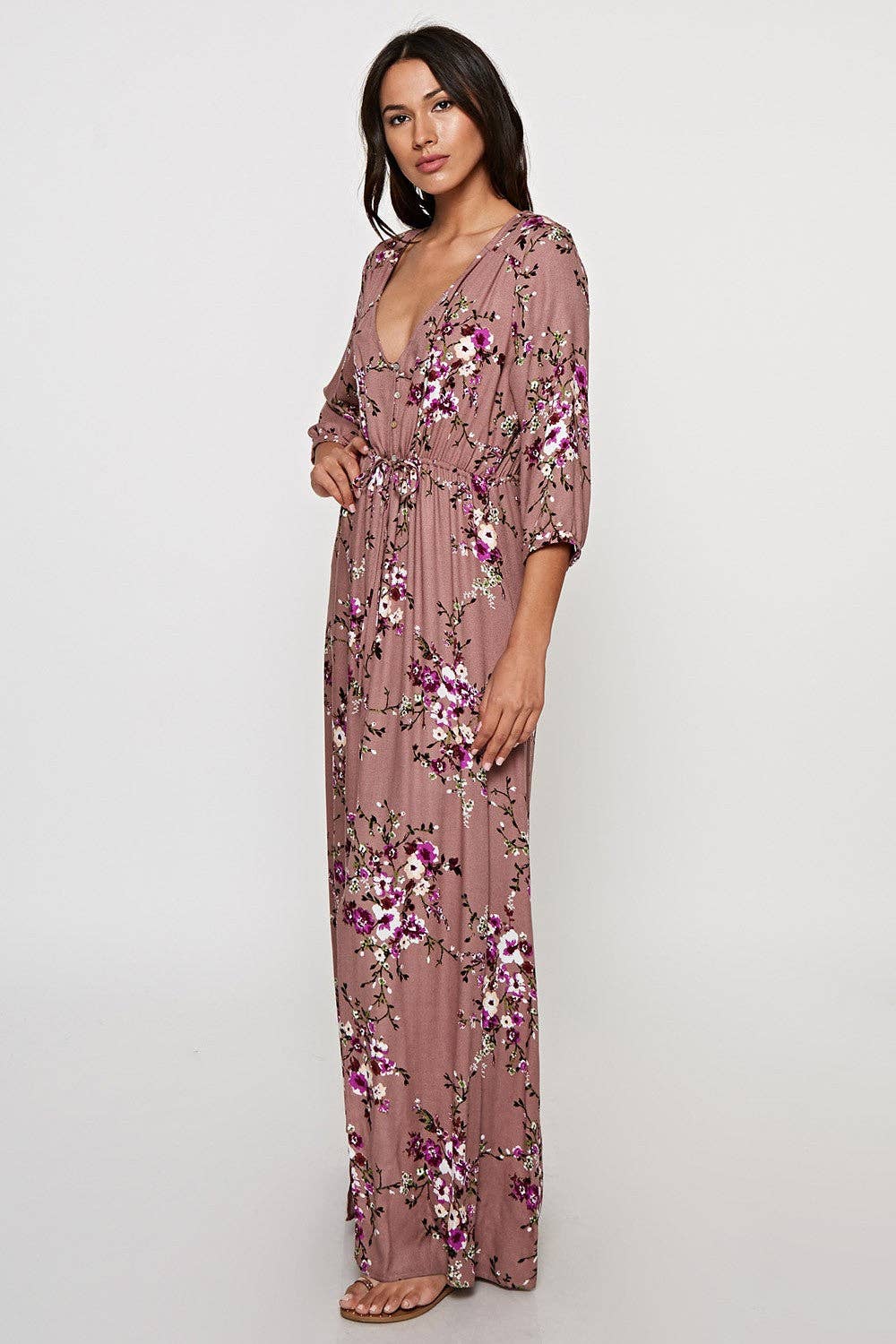 All Over Floral Print 3/4 Sleeve Maxi Dress