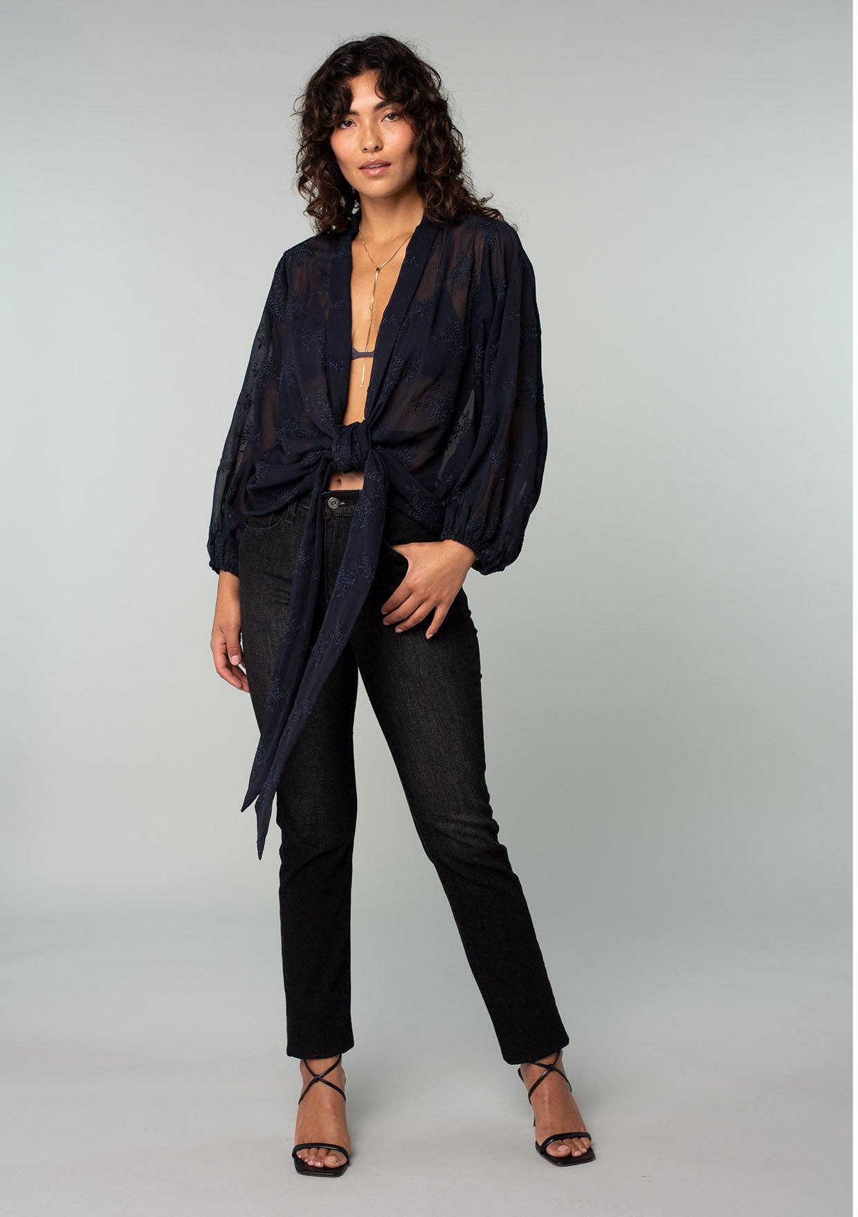 Embroidered Sheer Long Sleeve Tie Front Kimono Top