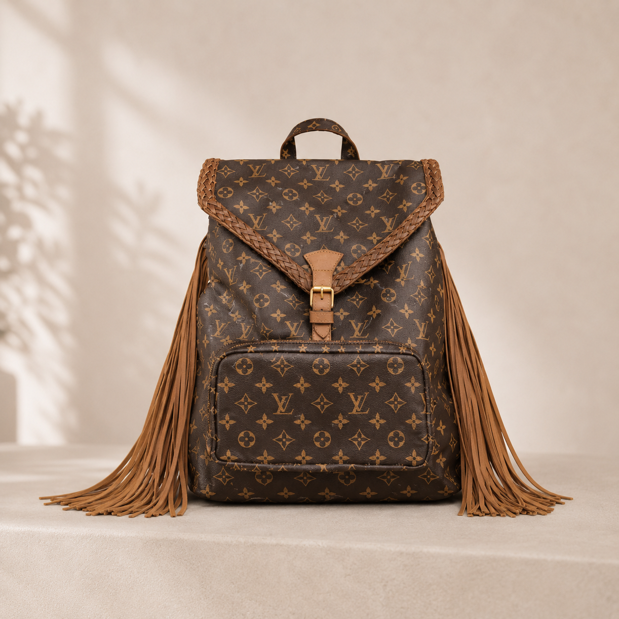 Upcycled Designer Monogram Fringe Backpack