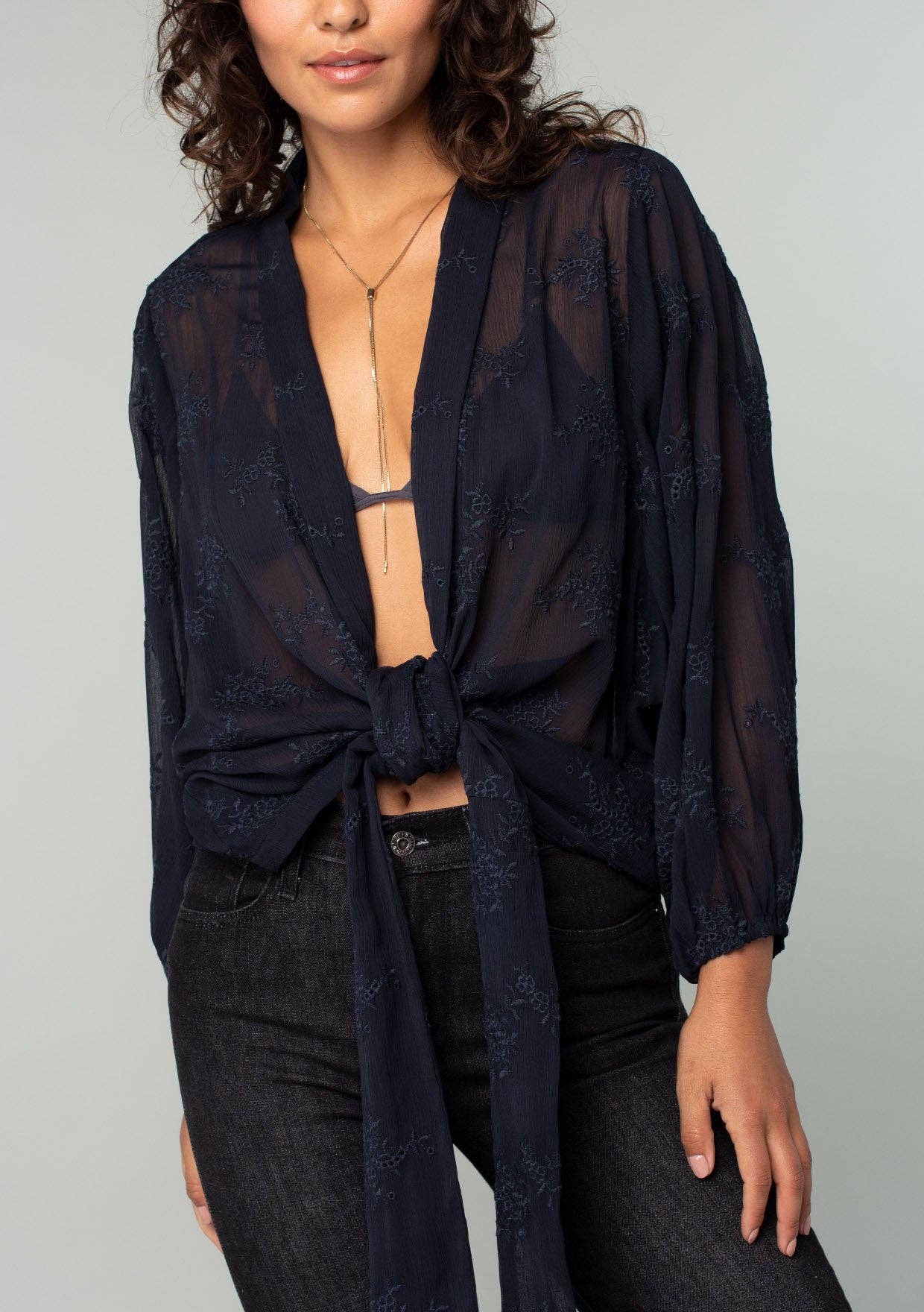 Embroidered Sheer Long Sleeve Tie Front Kimono Top