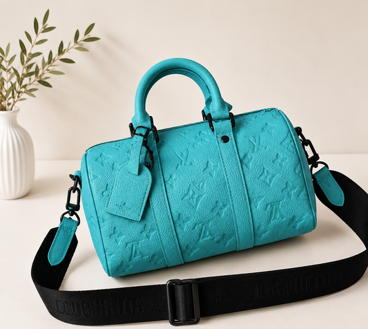 Upcycled Turquoise Designer Barrel Handbag
