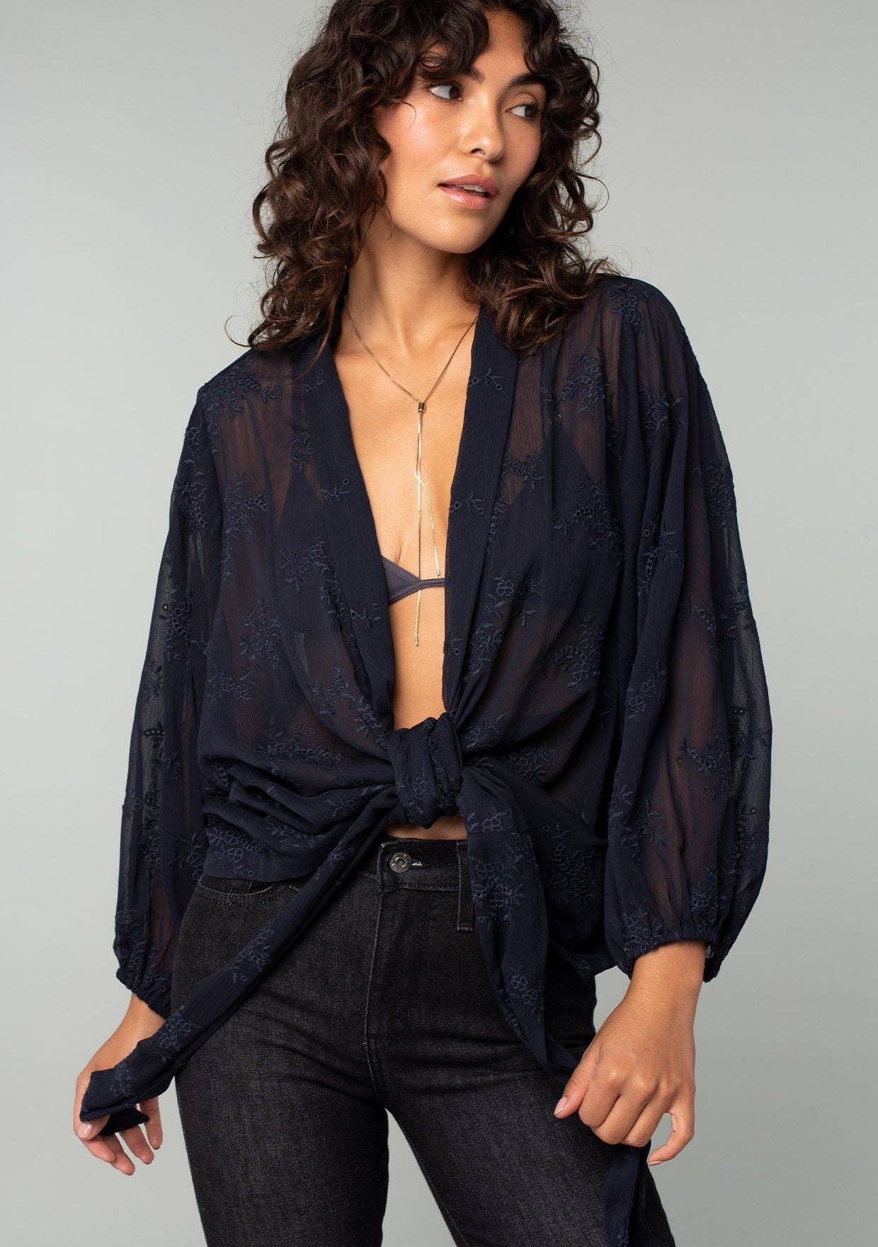 Embroidered Sheer Long Sleeve Tie Front Kimono Top