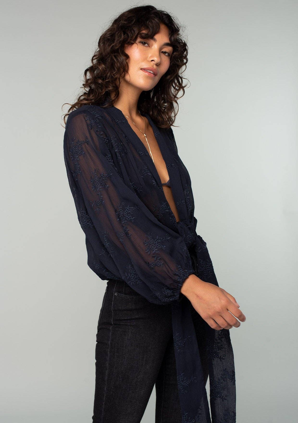 Embroidered Sheer Long Sleeve Tie Front Kimono Top