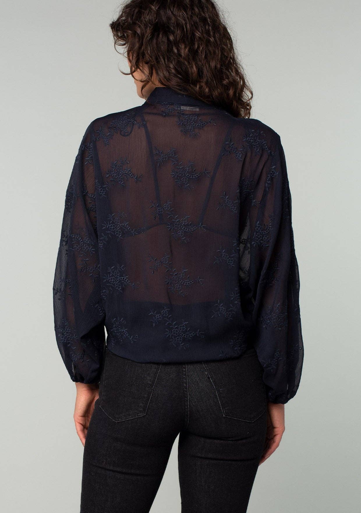Embroidered Sheer Long Sleeve Tie Front Kimono Top