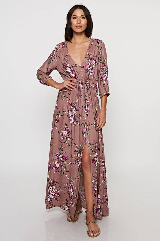 All Over Floral Print 3/4 Sleeve Maxi Dress